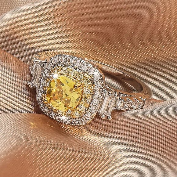 Yellow Cushion Cut Ring with Simulated Diamonds - Picture 2 of 3